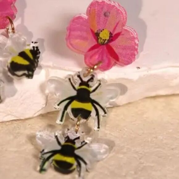 14k HIBISCUS BEE assemetrical cute fun whimsical kawaii novelty earrings - Picture 4 of 6